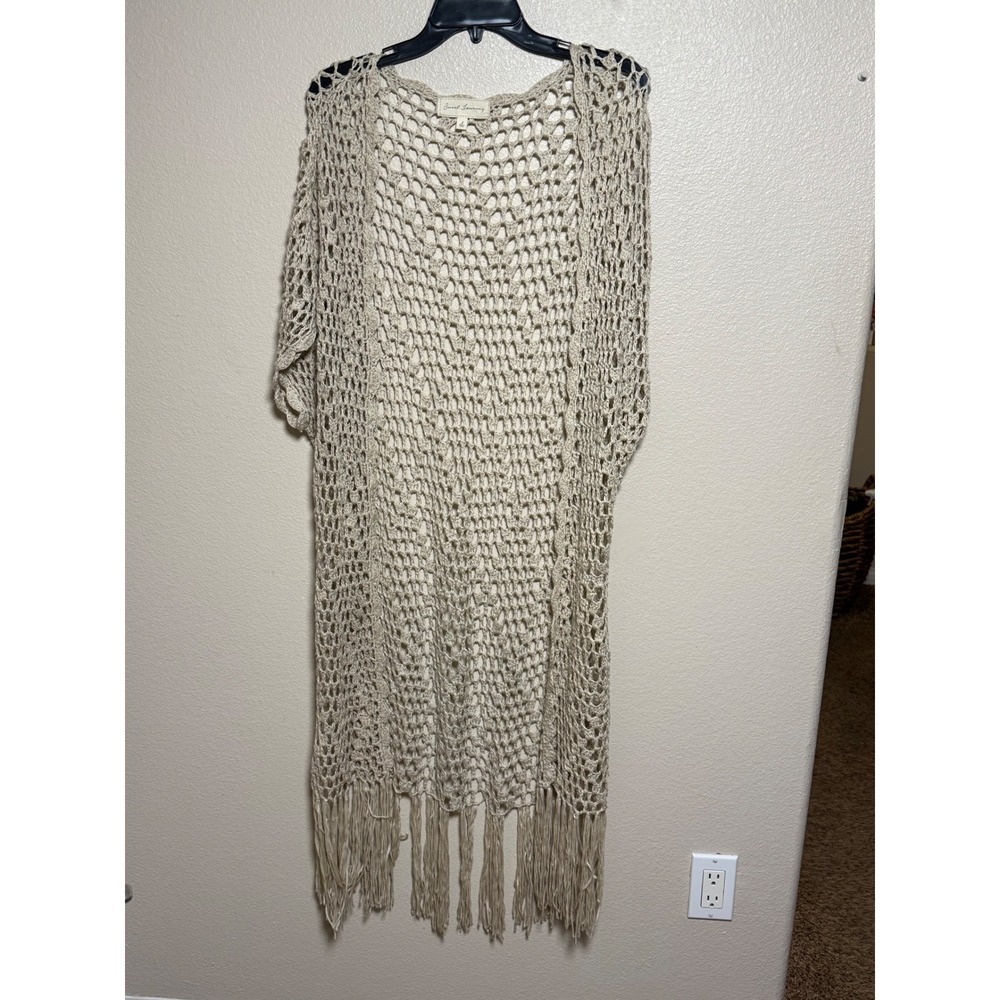 Sweet Journey Crochet Knit Longline Cardigan Beige Boho Fringe Duster Medium